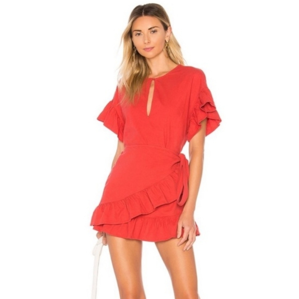 TULAROSA Revolve Red Jenny Linen Blend Wrap Mini Dress Medium